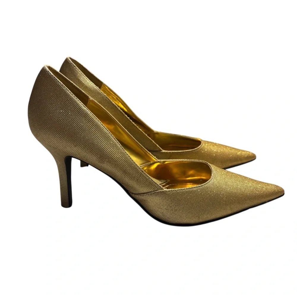 NEW Rampage Heels Size 8.5 Gold Metallic Maria Pointed Toe Party Festive 3”